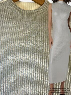 NWOT Sweater Maxi Dress Sleeveless Wool Metallic Silver Liquid Metal Loud Luxury